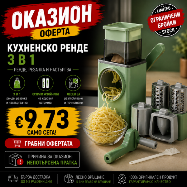 Оказион: ДОМАШЕН ЧИПС??? Сега е бързо и лесно ROTO зеленчукорезачка ренде с няколко приставки и вакуумно прикрепяне